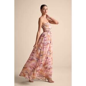 Lulus Mykala Light Pink Abstract Pleated Strapless Maxi Dress - Size M